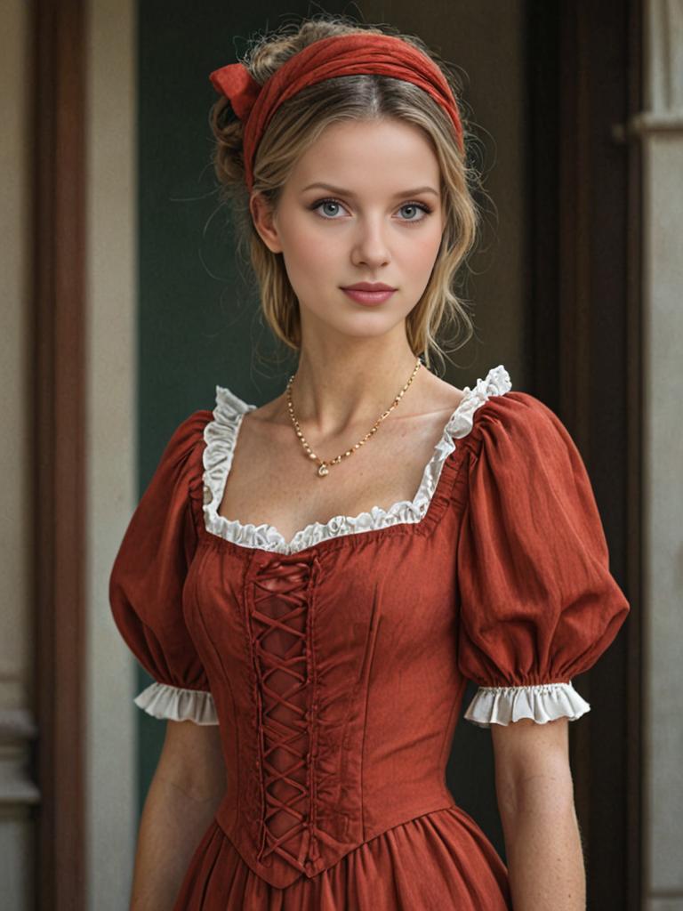 Woman in Vintage Rust Dress with Lace Details