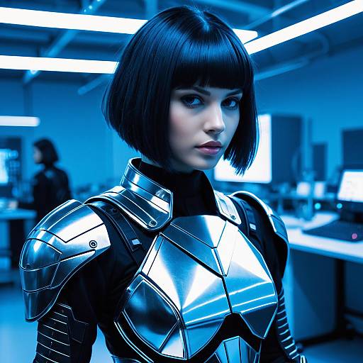 Futuristic Woman in Cyberpunk Metallic Armor in Tech Environment