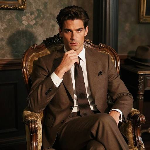 Stylish Young Man in Vintage Brown Suit Sitting in Classic Armchair