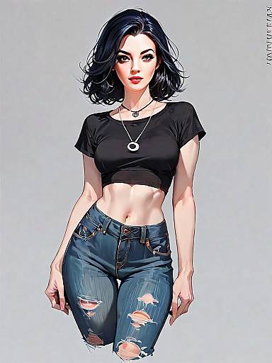 Realistic Comic Style Portrait of Woman in Casual Ripped Jeans and Black Crop Top