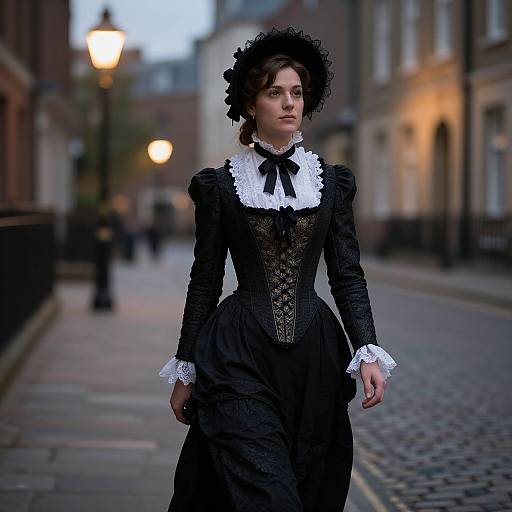 Victorian Woman in Elegant Black Lace Dress Walking on Cobblestone Street