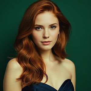 Portrait of Young Red-Haired Woman in Blue Dress on Green Background