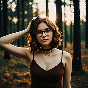 Young Woman in Sunlit Forest with Glasses
