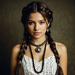 Young Woman in Embroidered Top with Beaded Necklaces