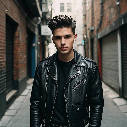 Stylish Young Man in Black Leather Jacket Standing in Urban Alleyway