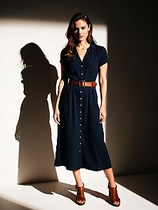 Woman Wearing Navy Blue Shirt Dress Mid-Calf Length with Brown Belt