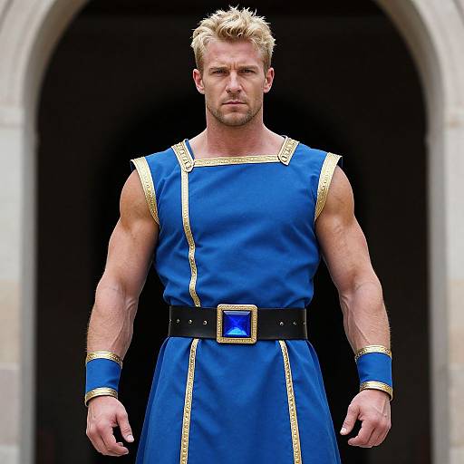 Muscular Man in Blue and Gold Ancient Warrior Costume Standing by Archway