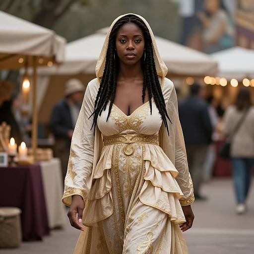 Elegant Woman in Embroidered Cream and Gold Hooded Dress Walking at Outdoor Market