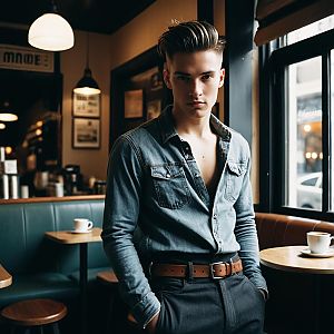 Young Man in Denim Shirt at Cozy Cafe