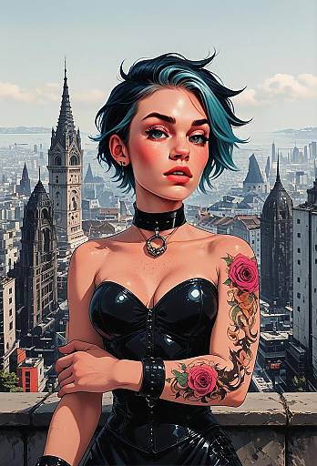 Confident Woman with Blue Hair and Rose Tattoo in Urban Gothic Digital Art