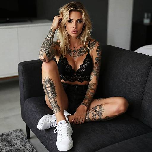 Tattooed Woman in Black Lace Bralette Sitting on Couch