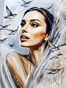 Thoughtful Woman with Birds in Dreamy Landscape
