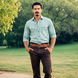 Confident Man in Park with Green Shirt