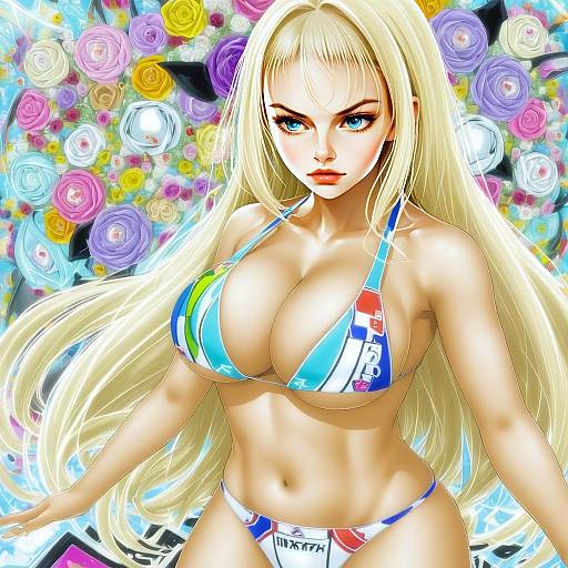 Anime Woman in Colorful Bikini with Blonde Hair and Flower Background