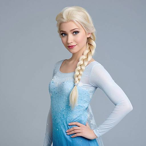 Portrait of Woman in Sparkling Blue Winter Dress with Blonde Braid