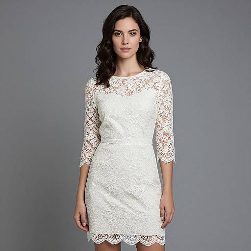 White Lace Dress with Three-Quarter Sleeves and Scalloped Hem