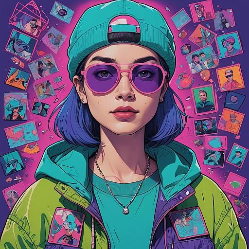 Stylish Young Woman with Purple Hair and Floating Photos Digital Artwork