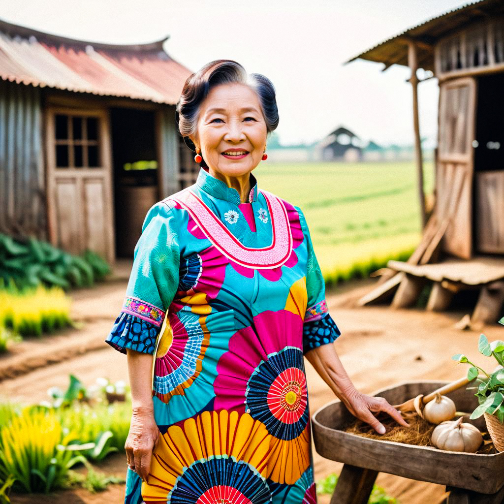 Smiling Elderly Woman in Floral Dress on Farm