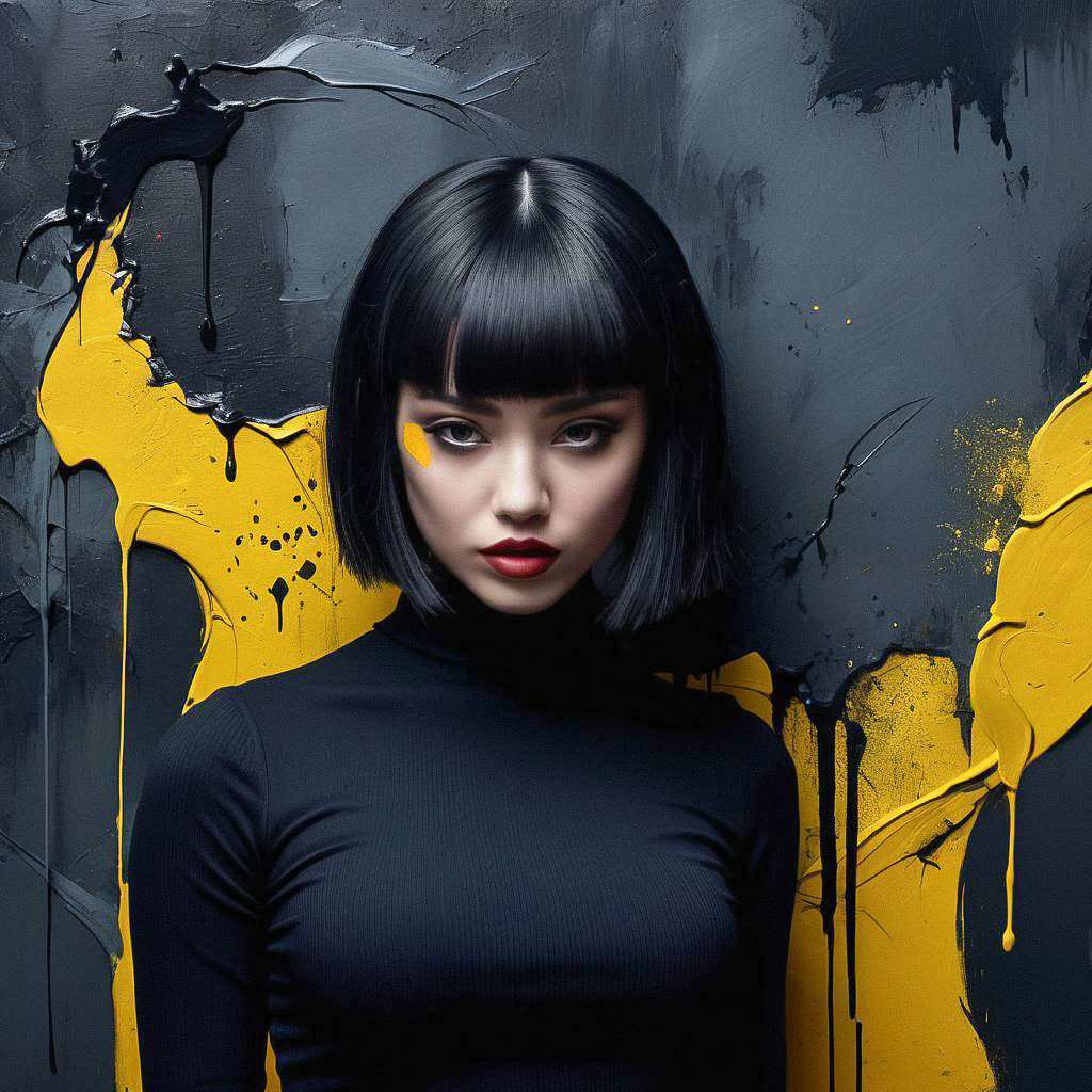 Woman with Black Bob Against Yellow Abstract Background Woman with Black Bob Against Yellow Abstract Background