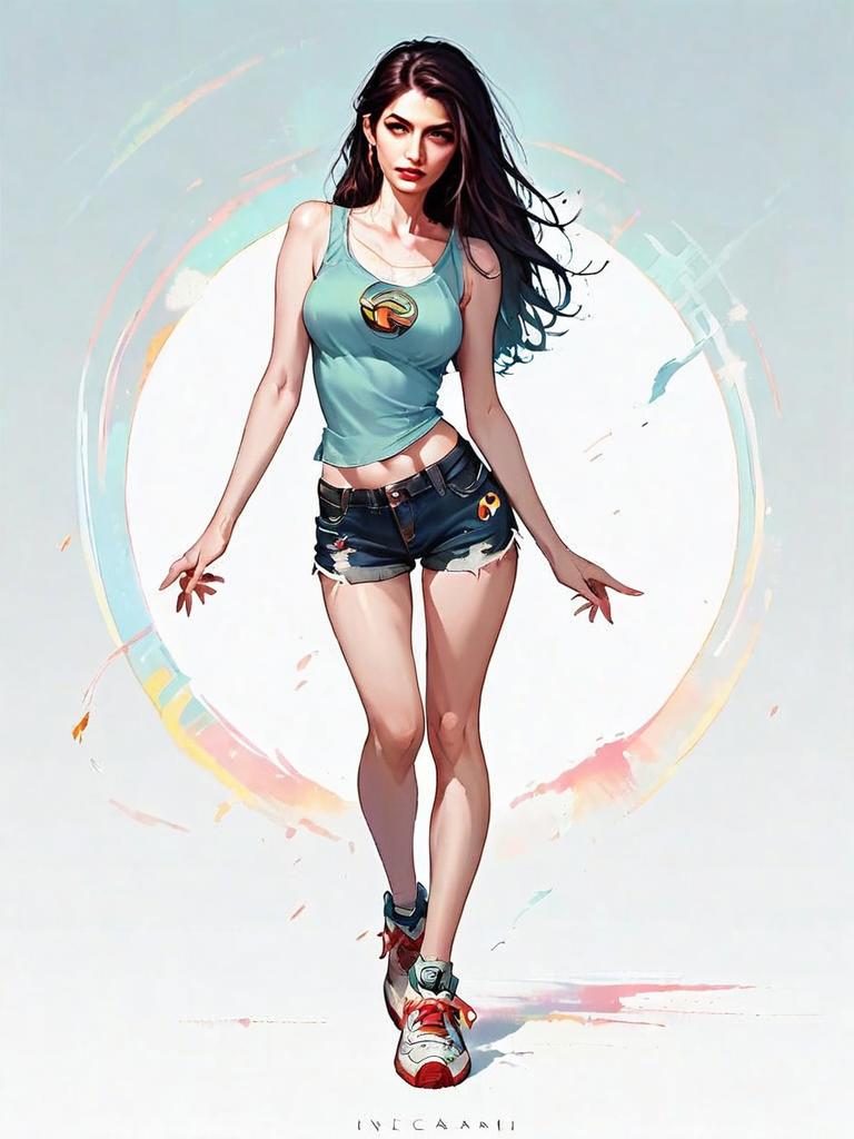 Sporty Woman in Denim Shorts and Tank Top Comic Style Digital Art