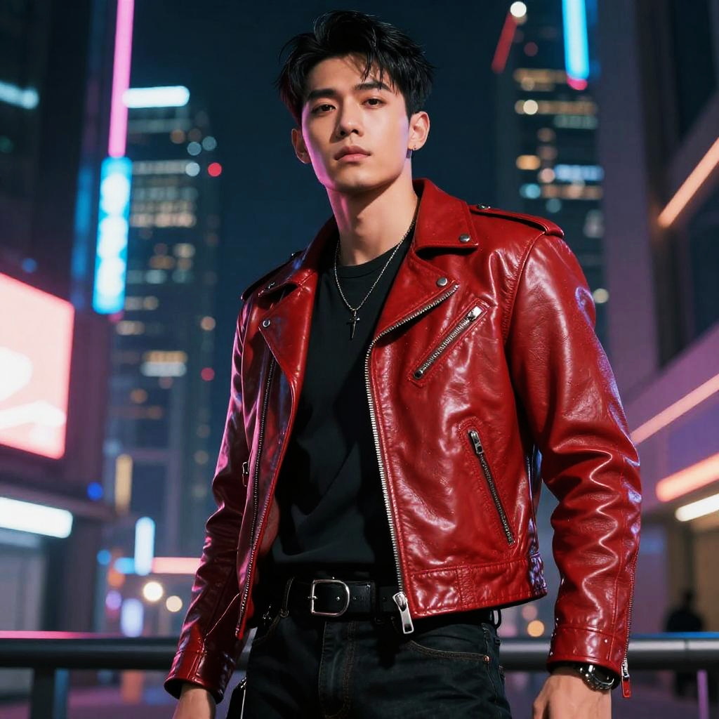 Young Man in Red Leather Jacket Urban Night Street Fashion