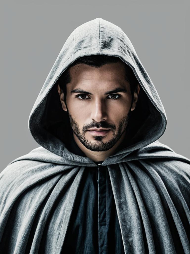 Man in Grey Hooded Cloak Costume - Realistic Focused Portrait