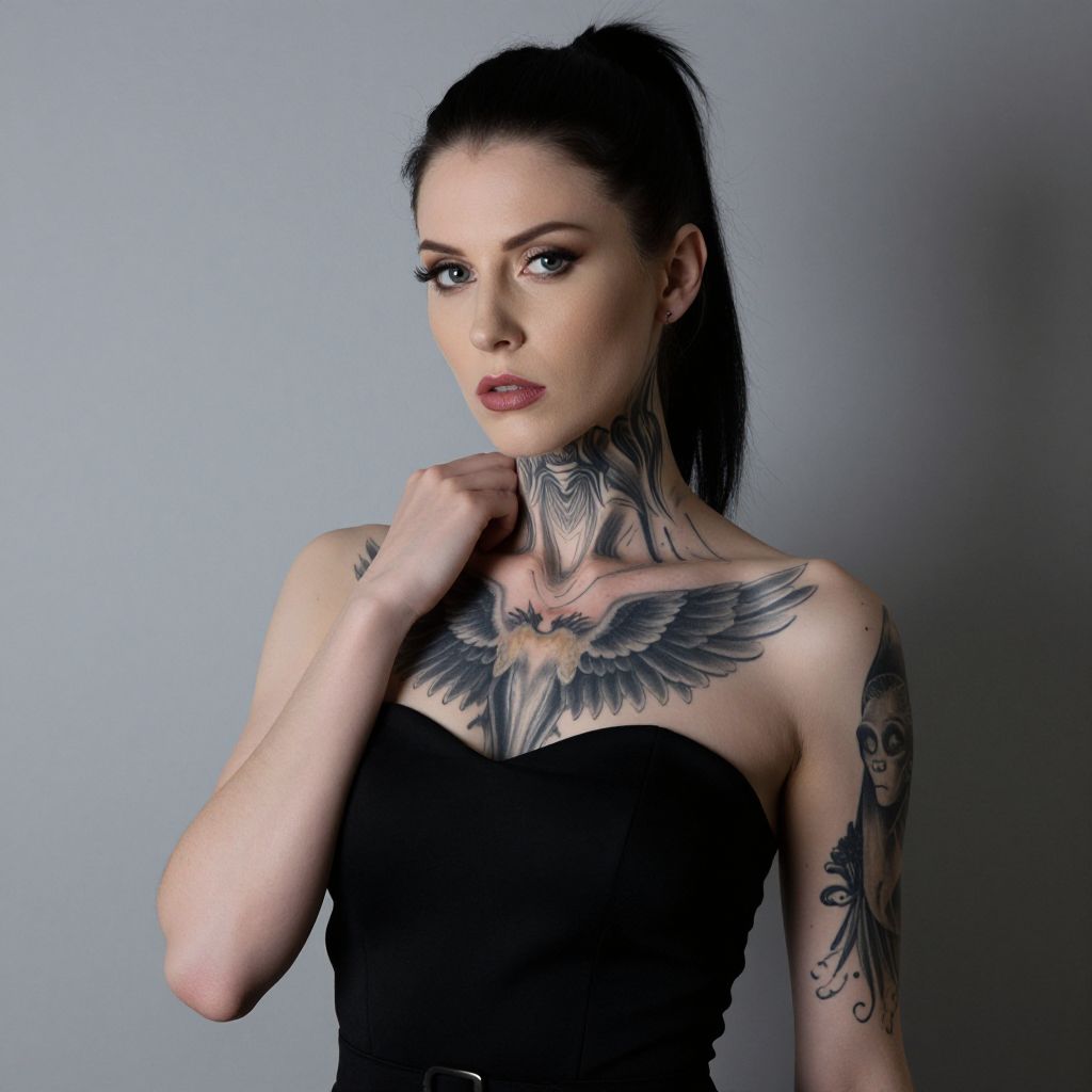 Woman with Bird Chest Tattoo and Arm Tattoo in Black Strapless Top