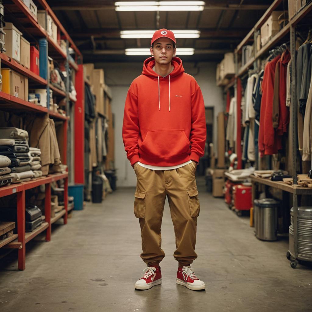 Confident Man in Red Hoodie at Warehouse