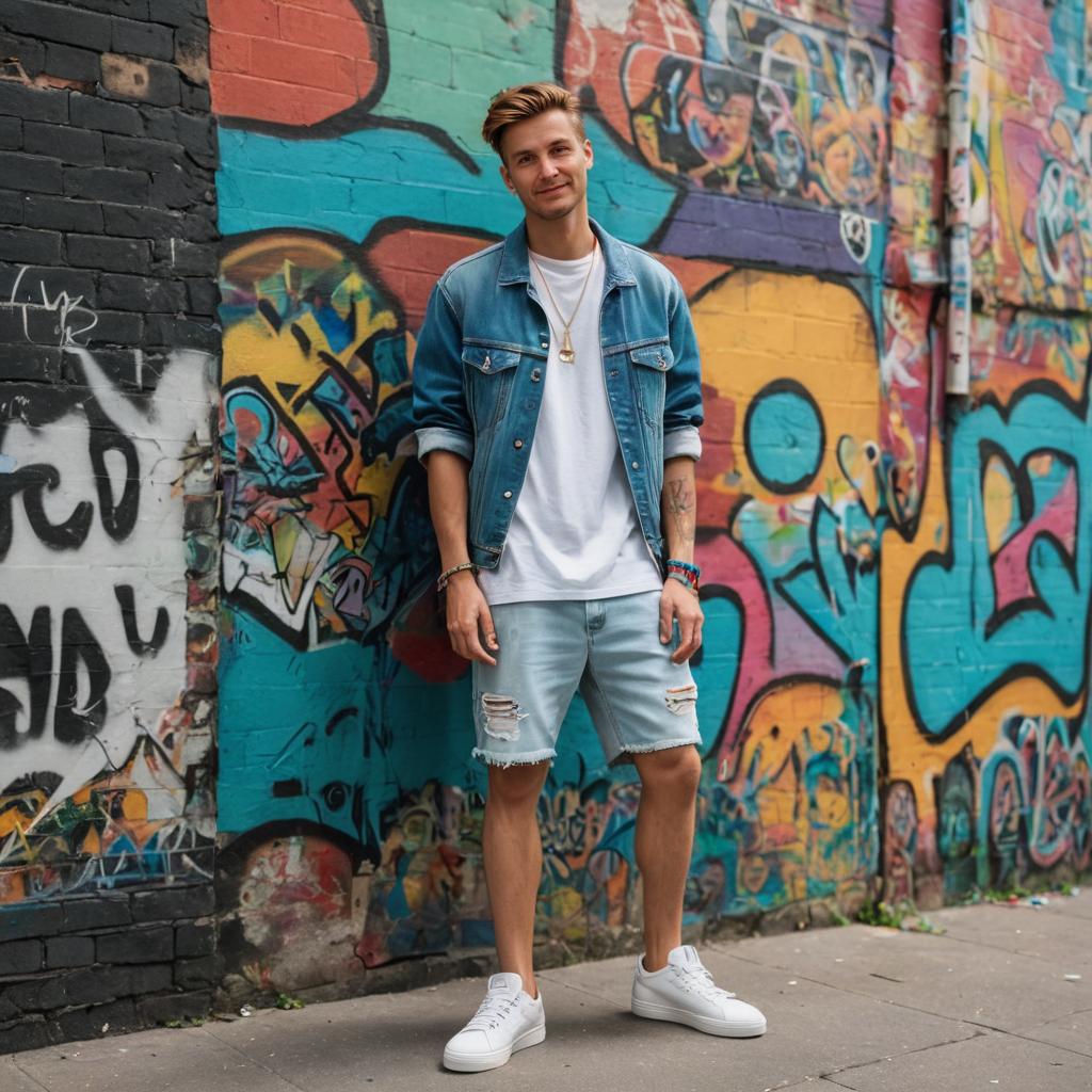 Stylish Man in Denim Jacket and Ripped Shorts