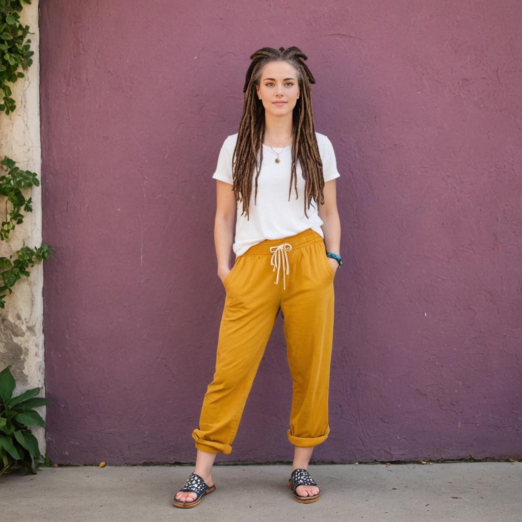 Woman with Dreads in Casual Outfit Against Purple Wall