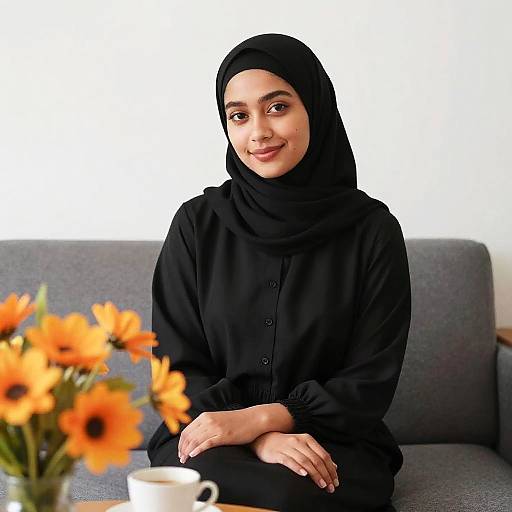 Young Woman in Black Hijab Sitting on Couch with Flowers and Coffee