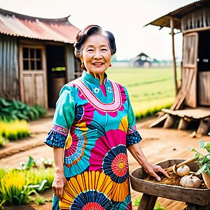 Smiling Elderly Woman in Floral Dress on Farm
