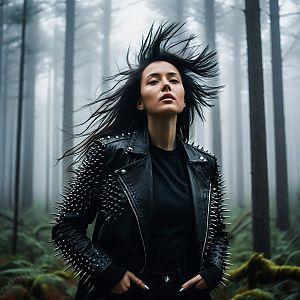 Confident Woman in Edgy Leather Jacket in Misty Forest