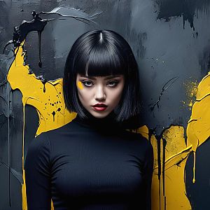 Woman with Black Bob Against Yellow Abstract Background