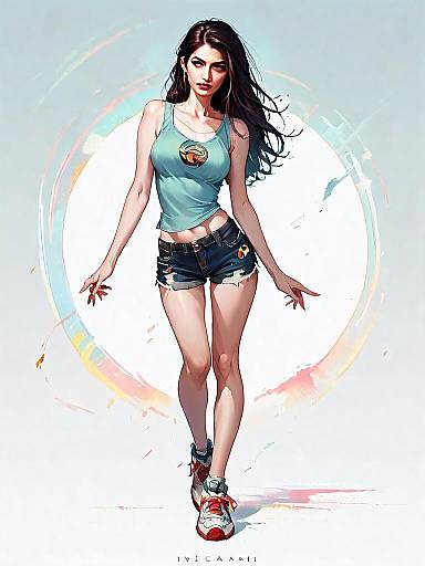 Sporty Woman in Denim Shorts and Tank Top Comic Style Digital Art