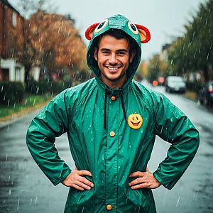 Smiling Man in Playful Green Raincoat Outdoors