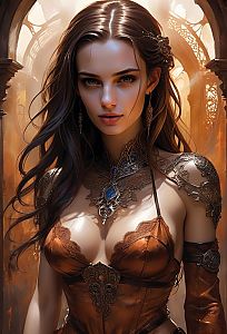 Fantasy Woman in Ornate Armor Digital Artwork with Warm Lighting
