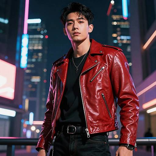 Young Man in Red Leather Jacket Urban Night Street Fashion