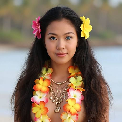 Young Woman Wearing Tropical Flower Lei and Jewelry by the Beach