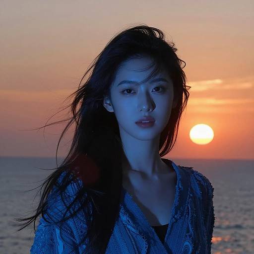 Gen Z Woman Portrait at Sunset by the Sea with Dramatic Blue Lighting
