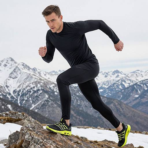 Man Running Uphill on Rocky Mountain Terrain in Black Athletic Wear