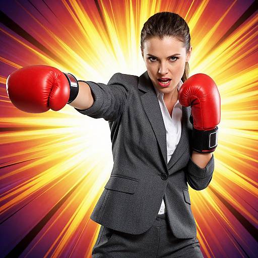 Confident Businesswoman Wearing Boxing Gloves Punching Forward