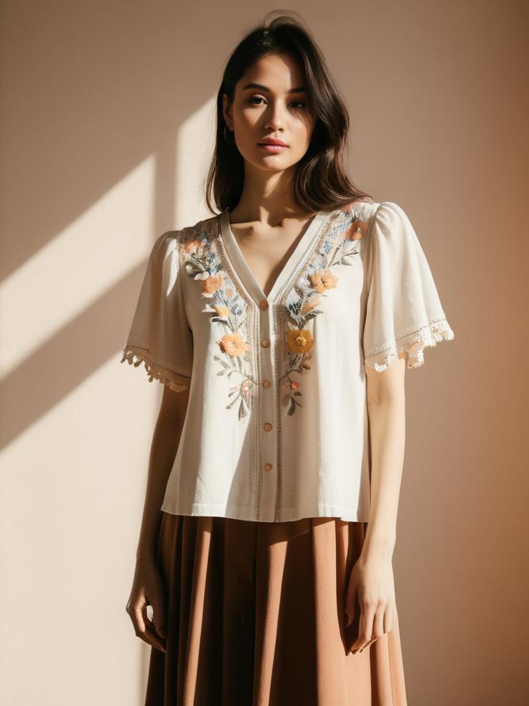 Woman Wearing Casual Bohemian Sheer White Top with Crochet Detailing and Floral Embroidery