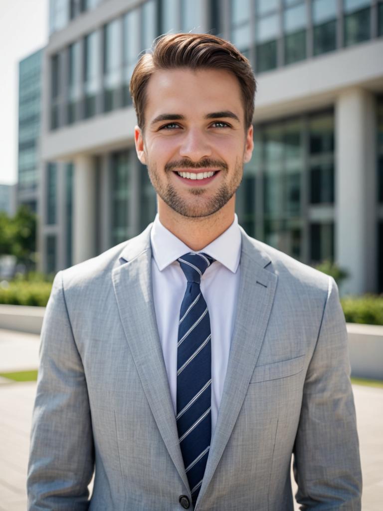 Confident young man in business suit outside corporate building