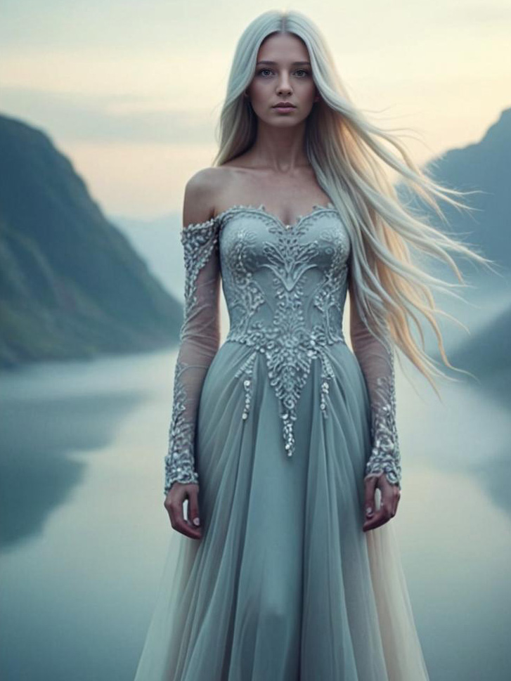 Enchanting Woman in Intricate Gown by Serene Mountains and Water