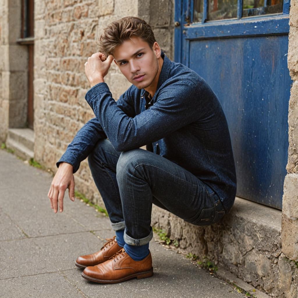 Young man in denim jacket against stone wall