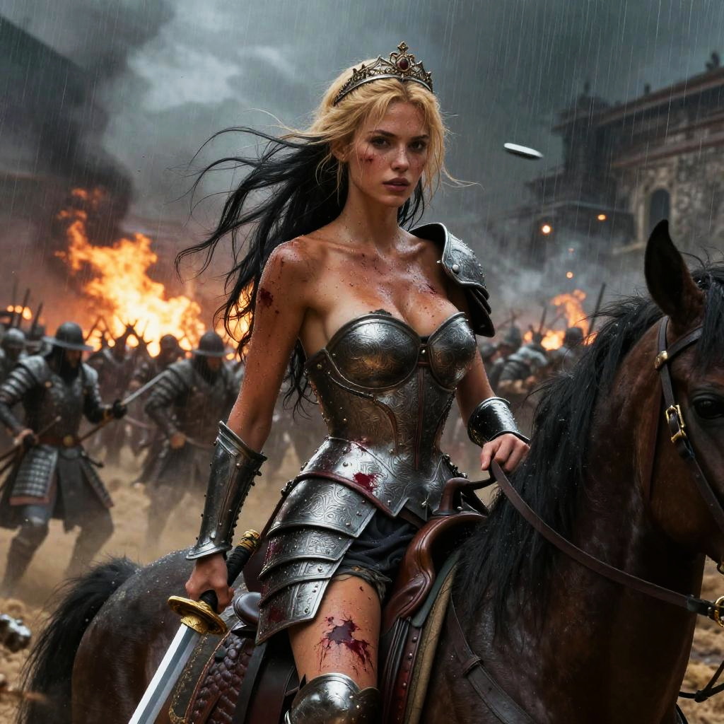 Fierce Woman Warrior in Medieval Armor on Battlefield with Burning Background