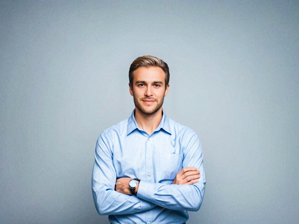 Confident Young Man in Light Blue Shirt