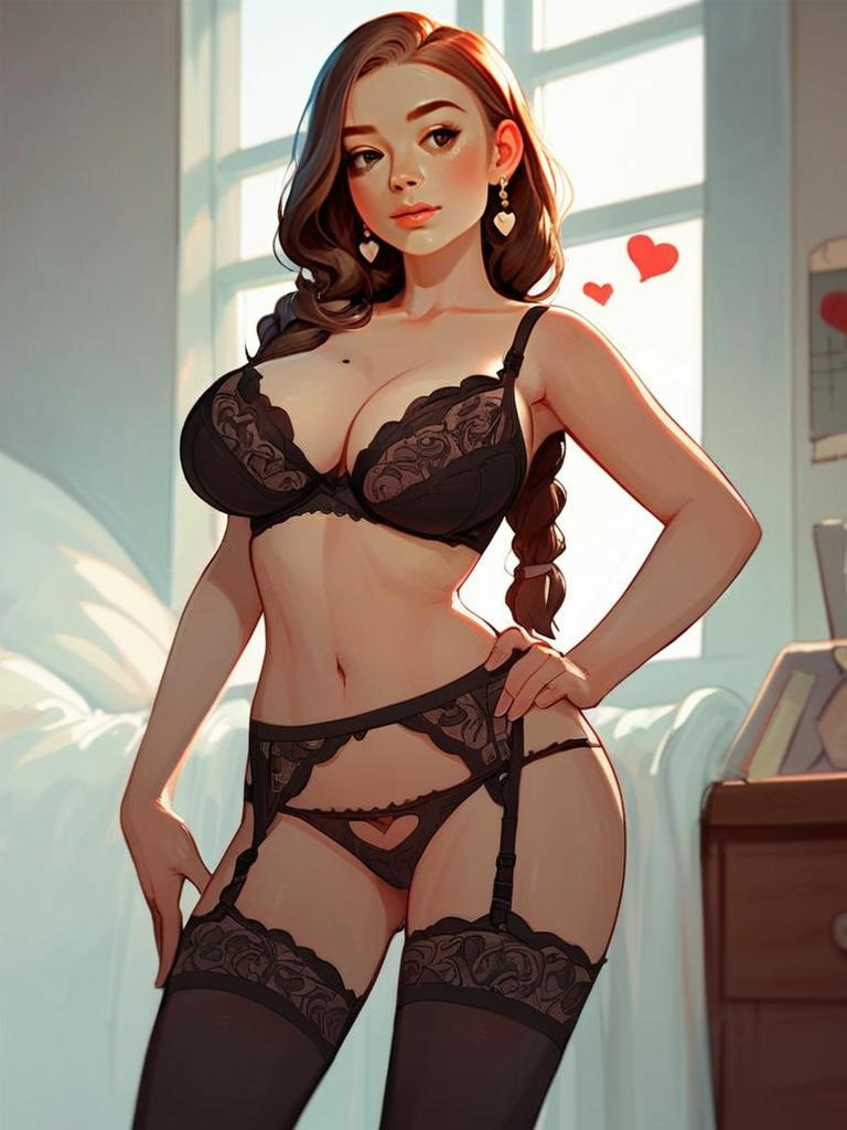 Confident Woman in Black Lace Lingerie Digital Art