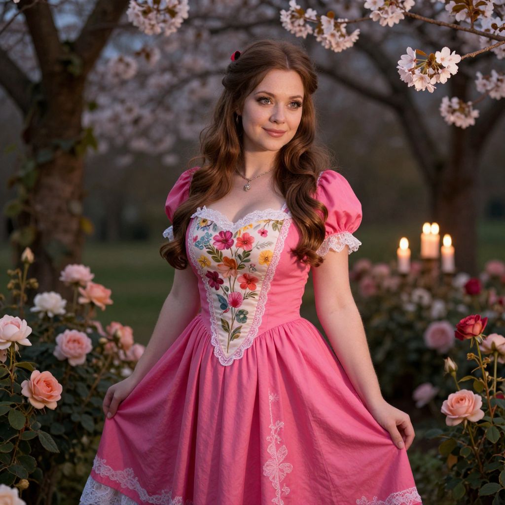 Young Woman Wearing Pink Floral Embroidered Dress in Blooming Garden